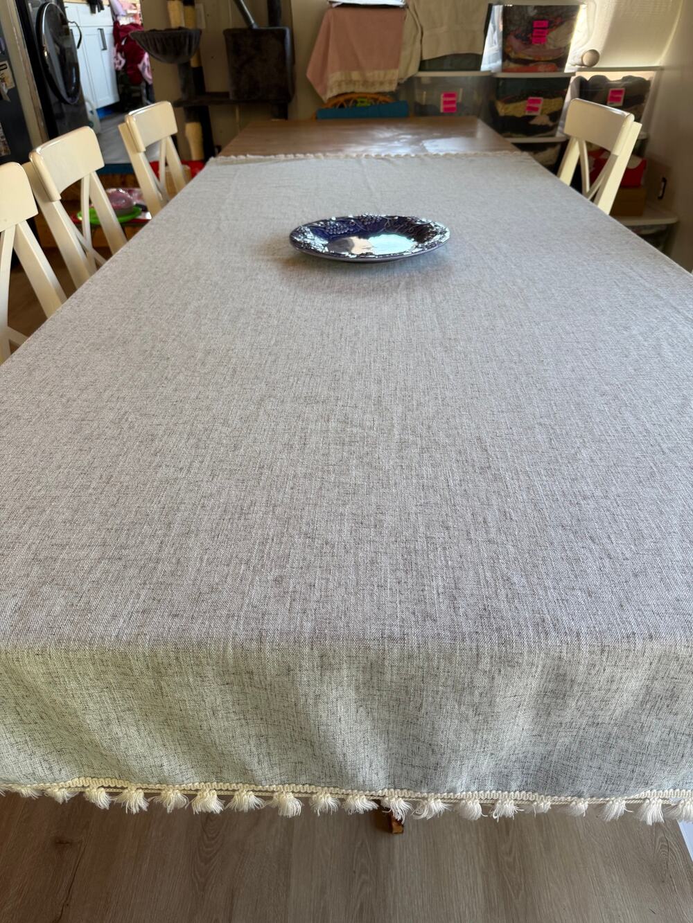 Deconovo Gray Faux Linen Tassel Tablecloth Rectangle 54x88 Boho Farmhouse Dining